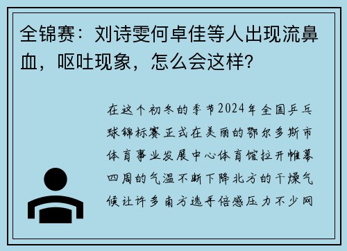 全锦赛：刘诗雯何卓佳等人出现流鼻血，呕吐现象，怎么会这样？
