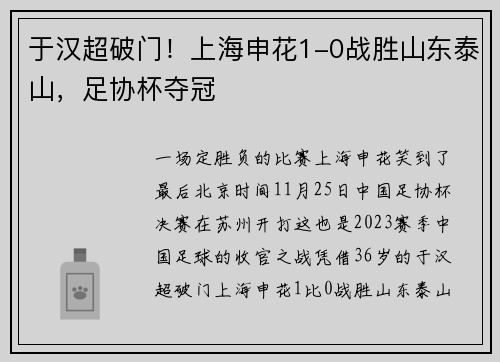 于汉超破门！上海申花1-0战胜山东泰山，足协杯夺冠