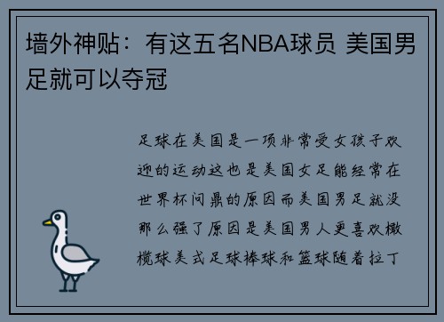 墙外神贴：有这五名NBA球员 美国男足就可以夺冠